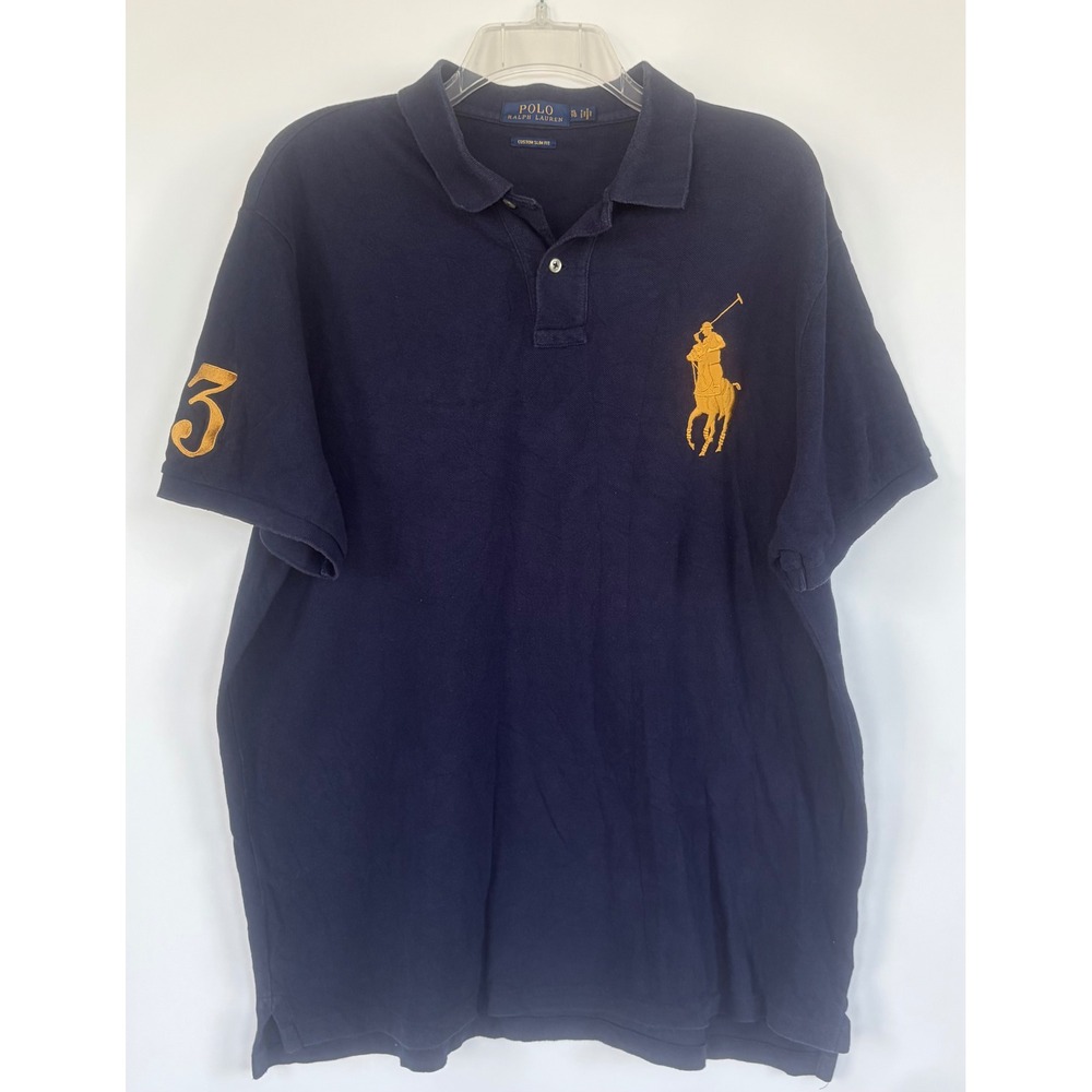 Polo Ralph Lauren Mens XL Navy Big Pony Custom Slim Fit Polo Shirt Gold Logo USA